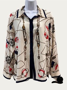 Talbots Nautical Silk Long Sleeve Blouse Size 8